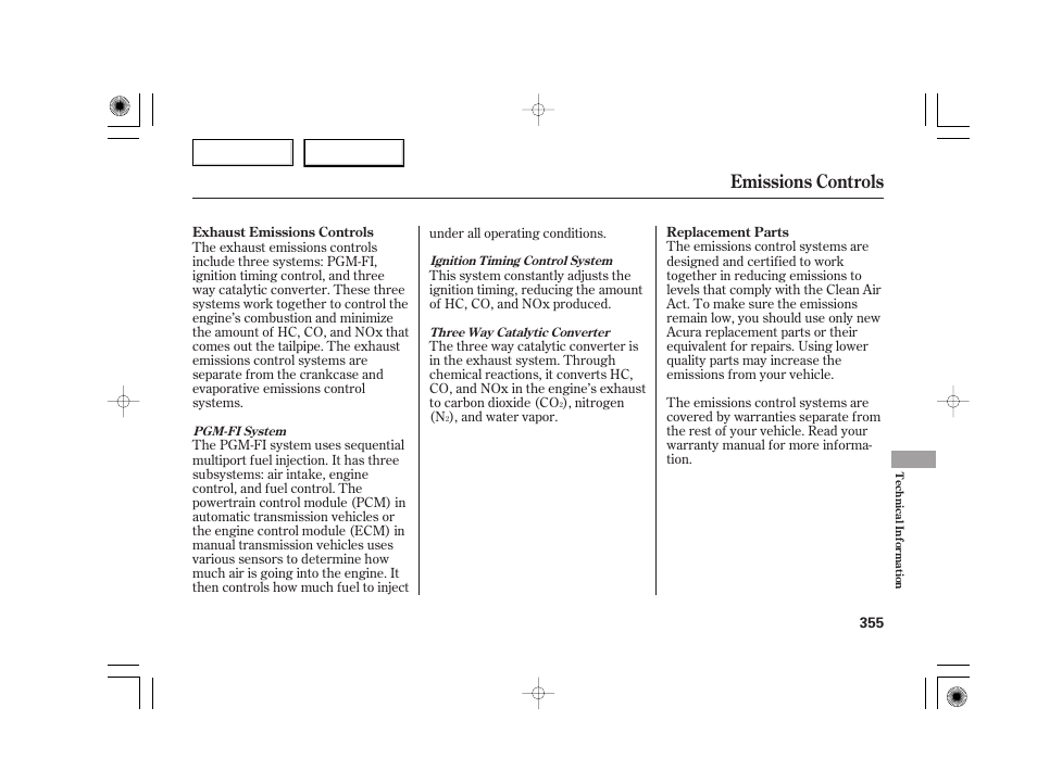 Emissions controls | Acura 2007 TSX - Owner's Manual User Manual | Page 358 / 379