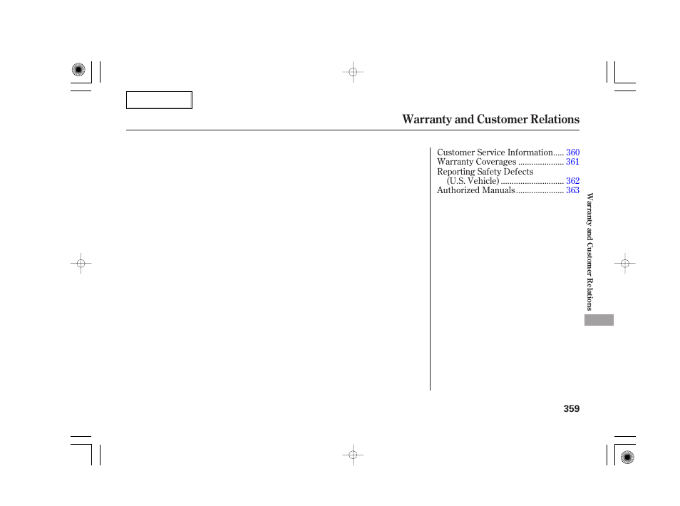 Warranty and customer relations | Acura 2007 TSX - Owner's Manual User Manual | Page 362 / 379