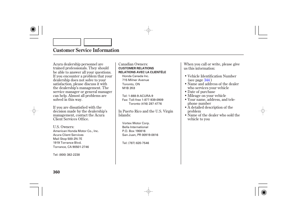 Customer service information | Acura 2007 TSX - Owner's Manual User Manual | Page 363 / 379