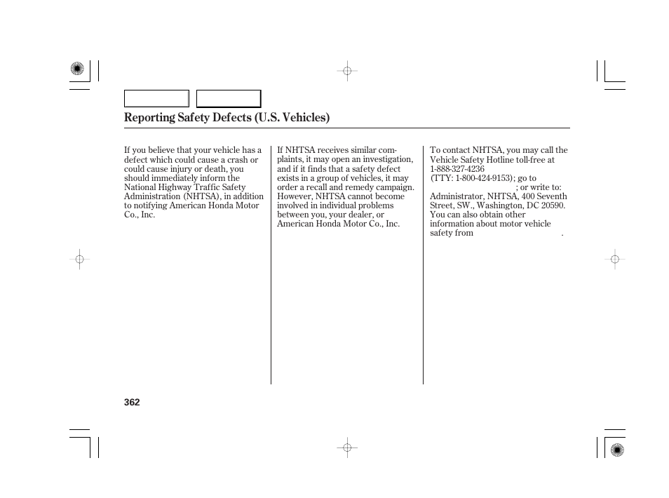 Reporting safety defects (u.s. vehicles) | Acura 2007 TSX - Owner's Manual User Manual | Page 365 / 379