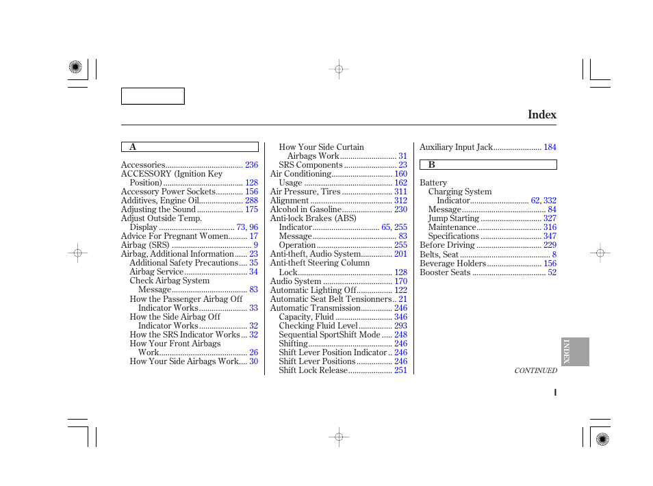 Index | Acura 2007 TSX - Owner's Manual User Manual | Page 368 / 379