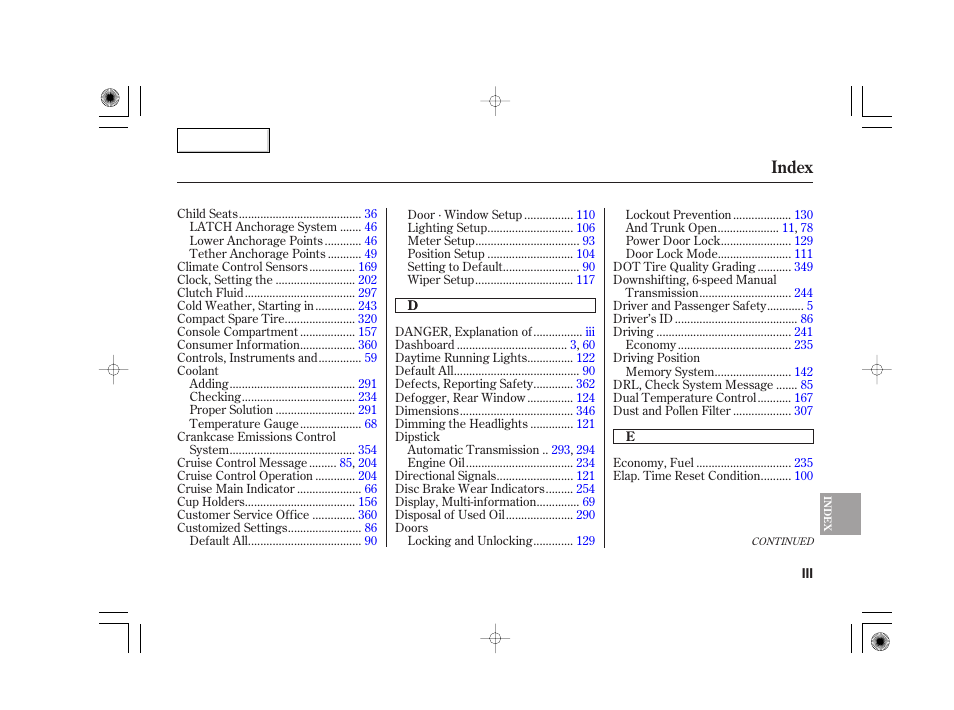 Index | Acura 2007 TSX - Owner's Manual User Manual | Page 370 / 379