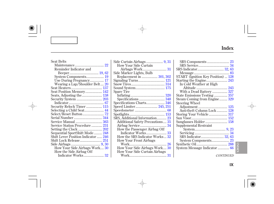 Index | Acura 2007 TSX - Owner's Manual User Manual | Page 376 / 379