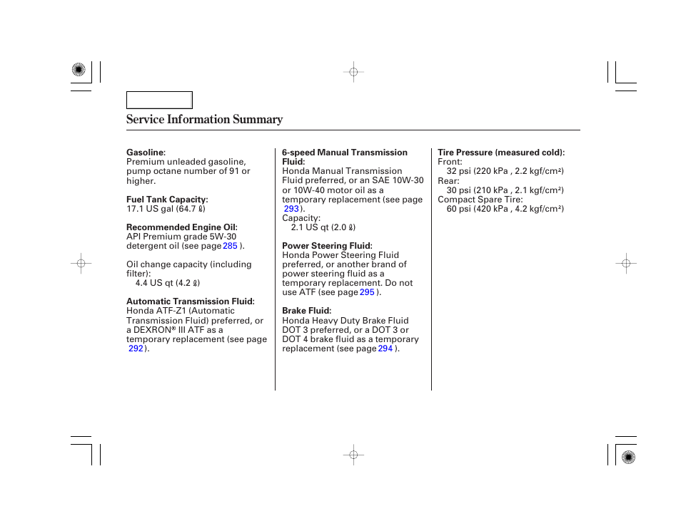 Service information summary | Acura 2007 TSX - Owner's Manual User Manual | Page 379 / 379