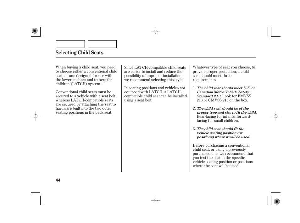 Selecting child seats | Acura 2007 TSX - Owner's Manual User Manual | Page 47 / 379