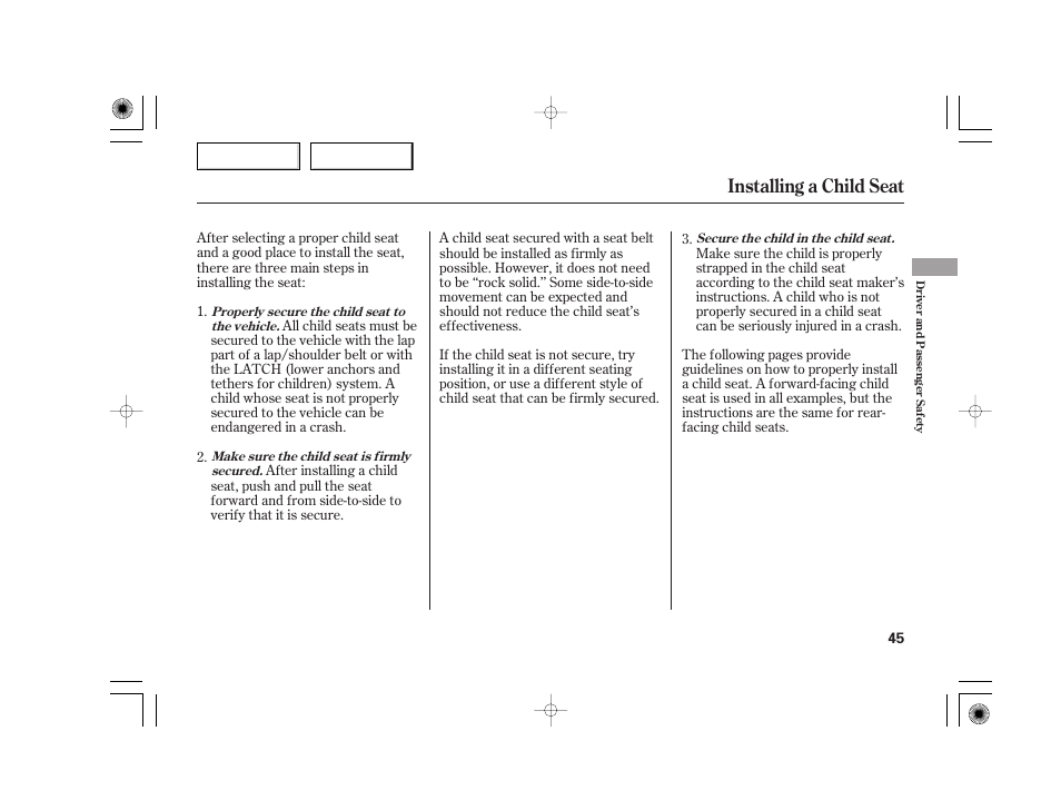 Installing a child seat | Acura 2007 TSX - Owner's Manual User Manual | Page 48 / 379