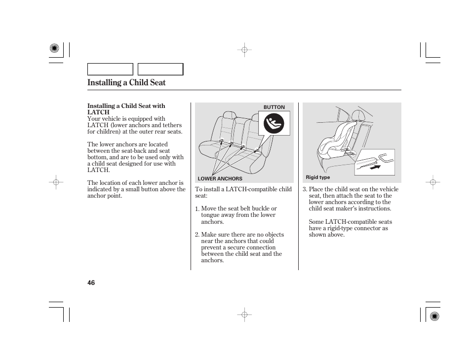 Installing a child seat | Acura 2007 TSX - Owner's Manual User Manual | Page 49 / 379