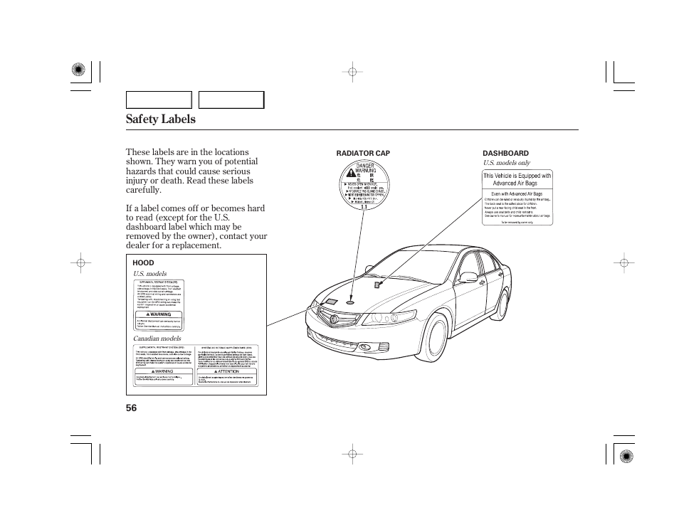 Safety labels | Acura 2007 TSX - Owner's Manual User Manual | Page 59 / 379