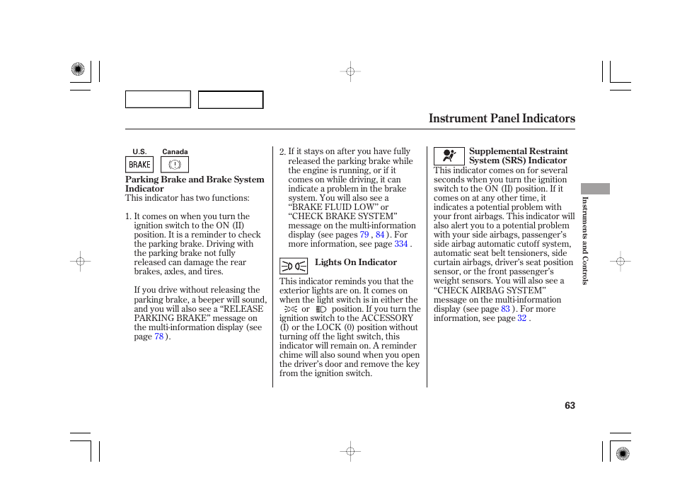 Instrument panel indicators | Acura 2007 TSX - Owner's Manual User Manual | Page 66 / 379