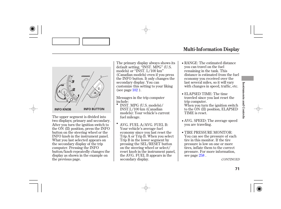 Multi-information display | Acura 2007 TSX - Owner's Manual User Manual | Page 74 / 379