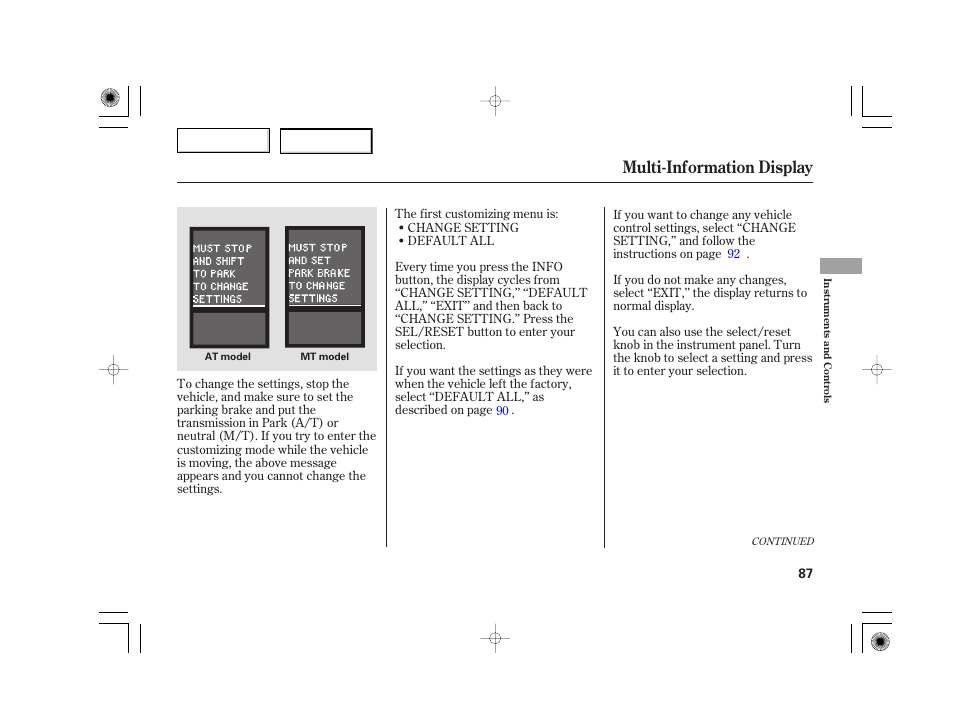Multi-information display | Acura 2007 TSX - Owner's Manual User Manual | Page 90 / 379