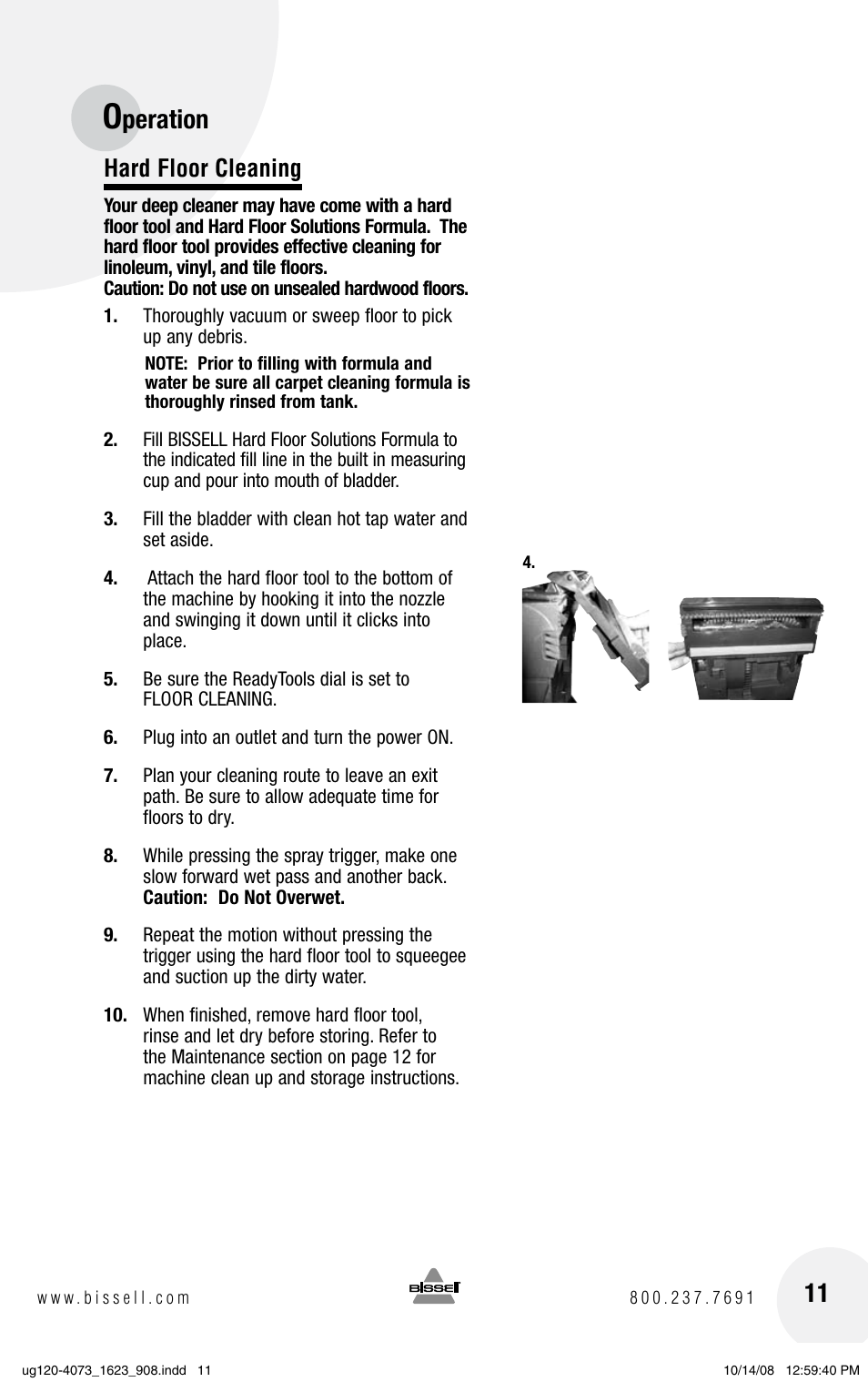 Peration, Hard floor cleaning | Bissell POWERSTEAMER 1623 User Manual | Page 11 / 16