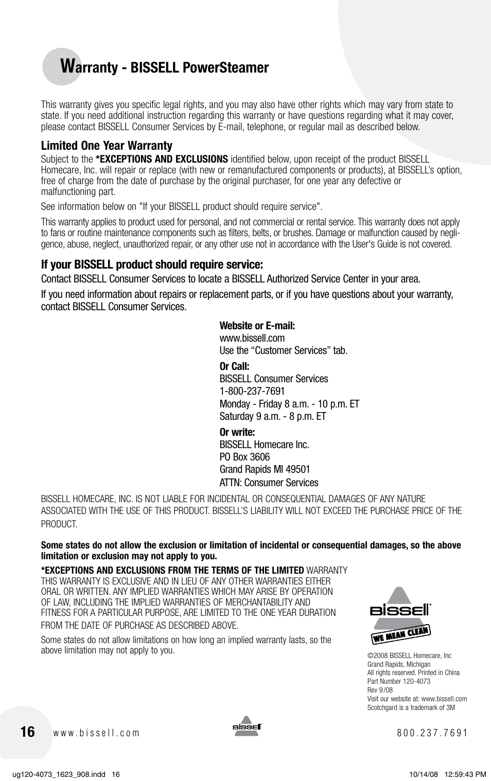 Arranty - bissell powersteamer | Bissell POWERSTEAMER 1623 User Manual | Page 16 / 16