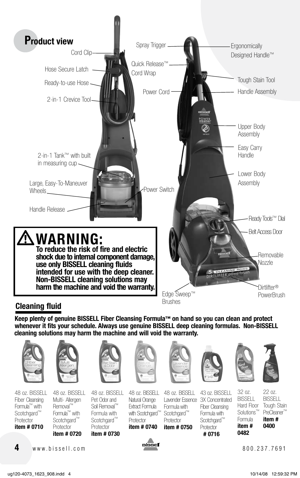 Warning, Roduct view, Cleaning fluid | Bissell POWERSTEAMER 1623 User Manual | Page 4 / 16