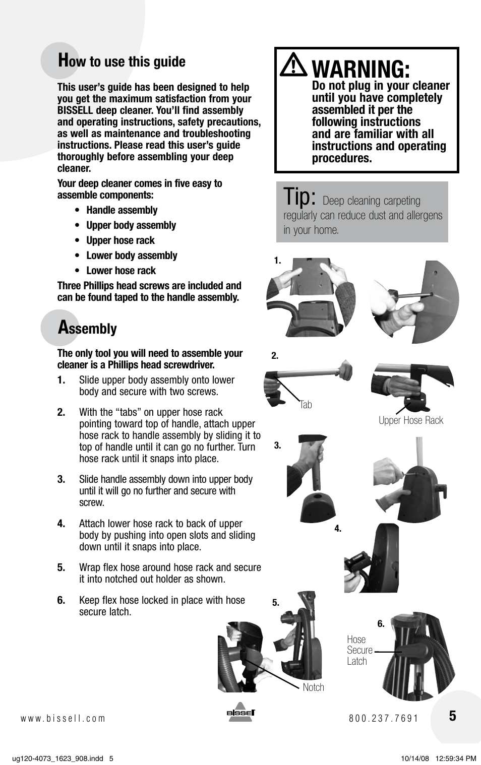 Warning, Ow to use this guide, Ssembly | Bissell POWERSTEAMER 1623 User Manual | Page 5 / 16