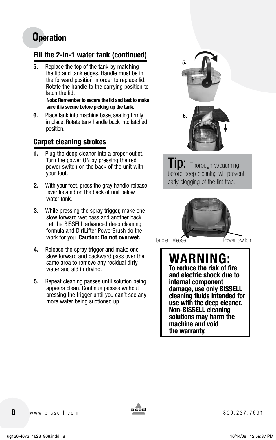 Warning, Peration | Bissell POWERSTEAMER 1623 User Manual | Page 8 / 16