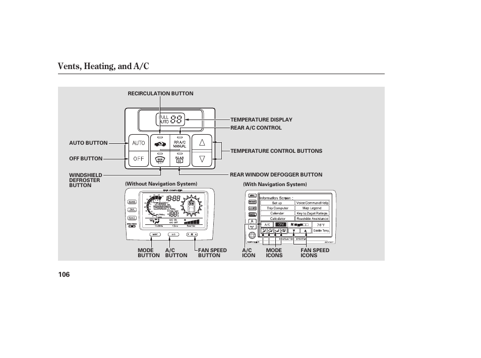 Vents, heating, and a/c | Acura 2006 MDX - Owner's Manual User Manual | Page 107 / 311