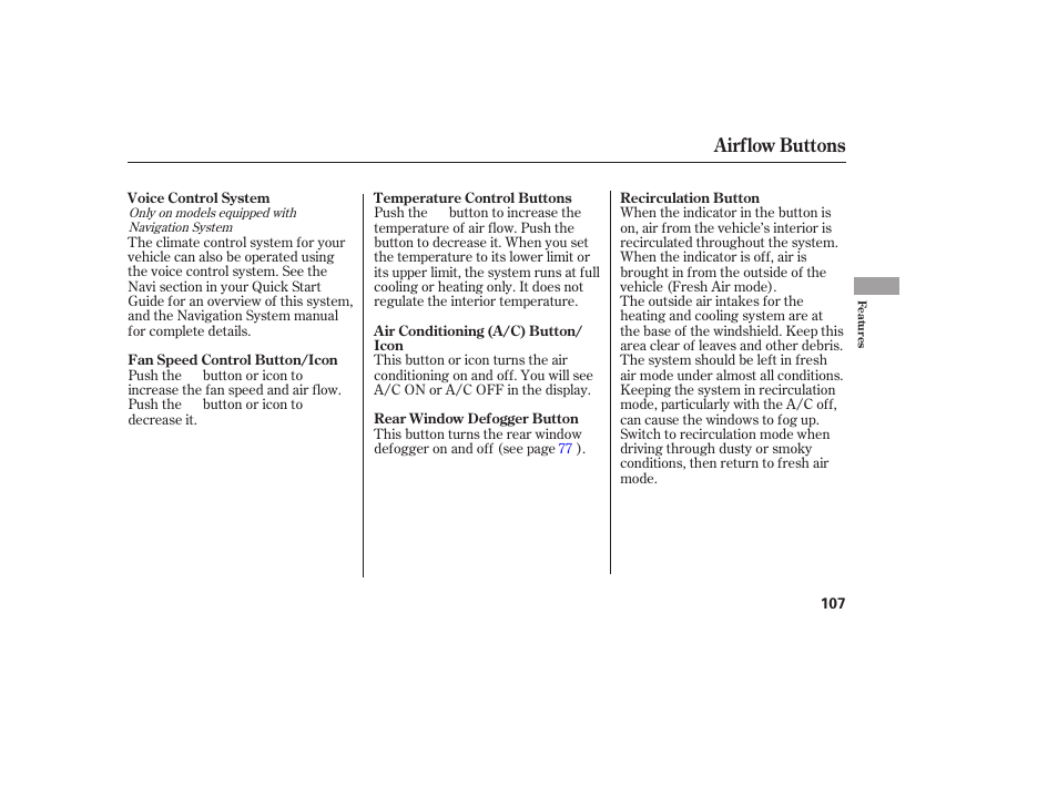 Airflow buttons | Acura 2006 MDX - Owner's Manual User Manual | Page 108 / 311