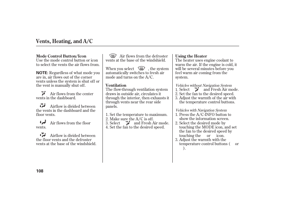 Vents, heating, and a/c | Acura 2006 MDX - Owner's Manual User Manual | Page 109 / 311