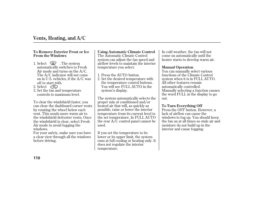 Vents, heating, and a/c | Acura 2006 MDX - Owner's Manual User Manual | Page 111 / 311