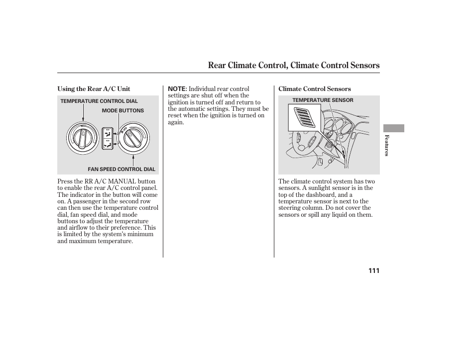 Rear climate control, climate control sensors | Acura 2006 MDX - Owner's Manual User Manual | Page 112 / 311