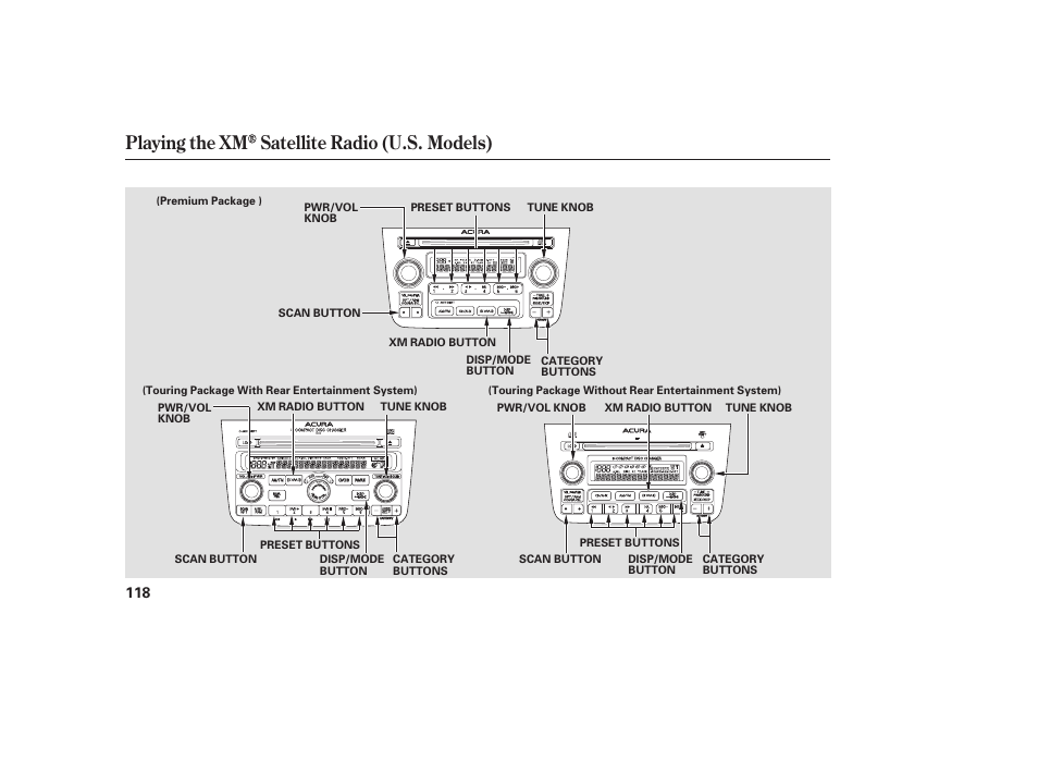 Playing the xm satellite radio (u.s. models) | Acura 2006 MDX - Owner's Manual User Manual | Page 119 / 311