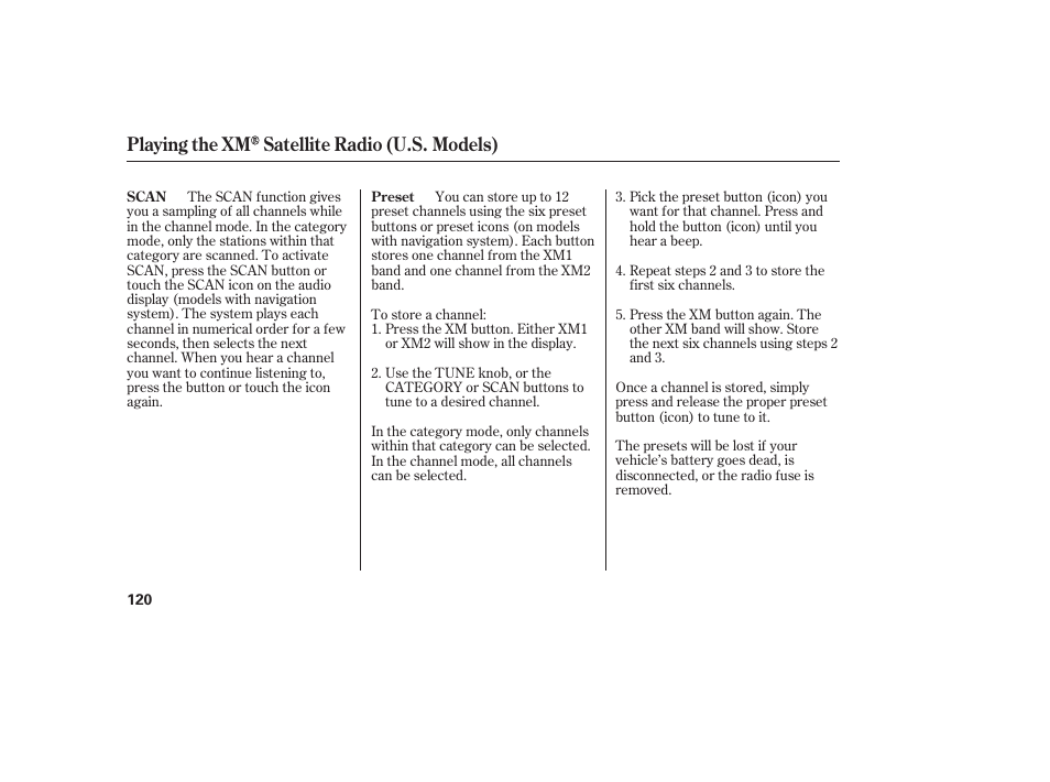 Playing the xm satellite radio (u.s. models) | Acura 2006 MDX - Owner's Manual User Manual | Page 121 / 311