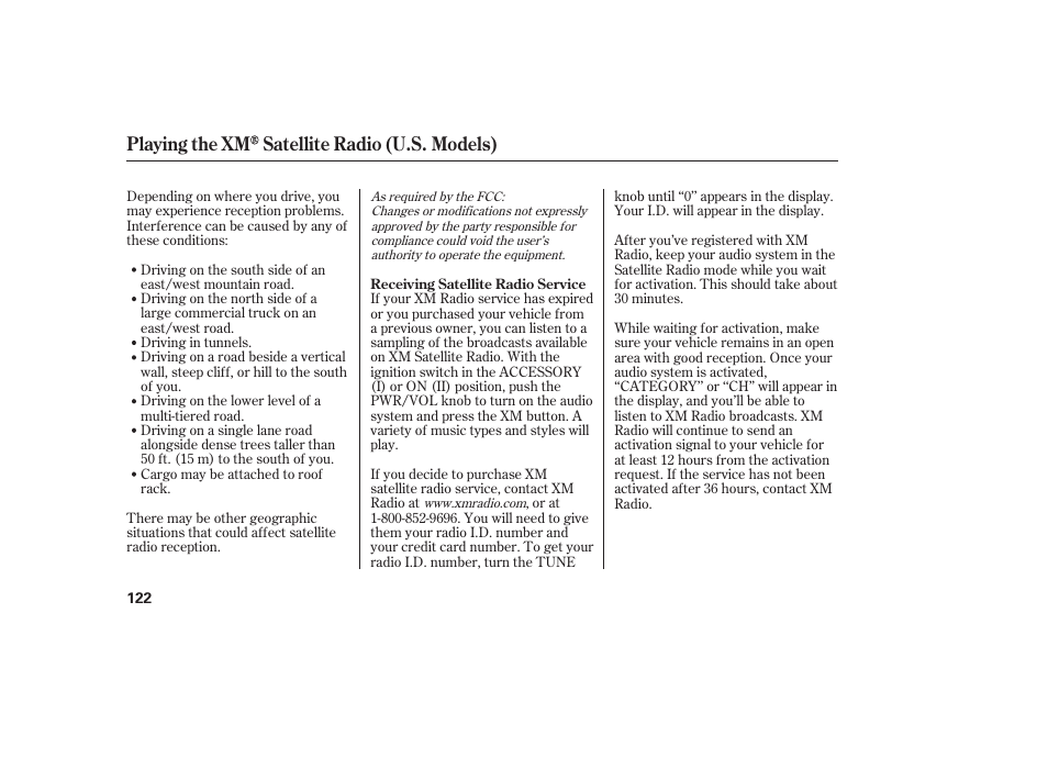 Playing the xm satellite radio (u.s. models) | Acura 2006 MDX - Owner's Manual User Manual | Page 123 / 311