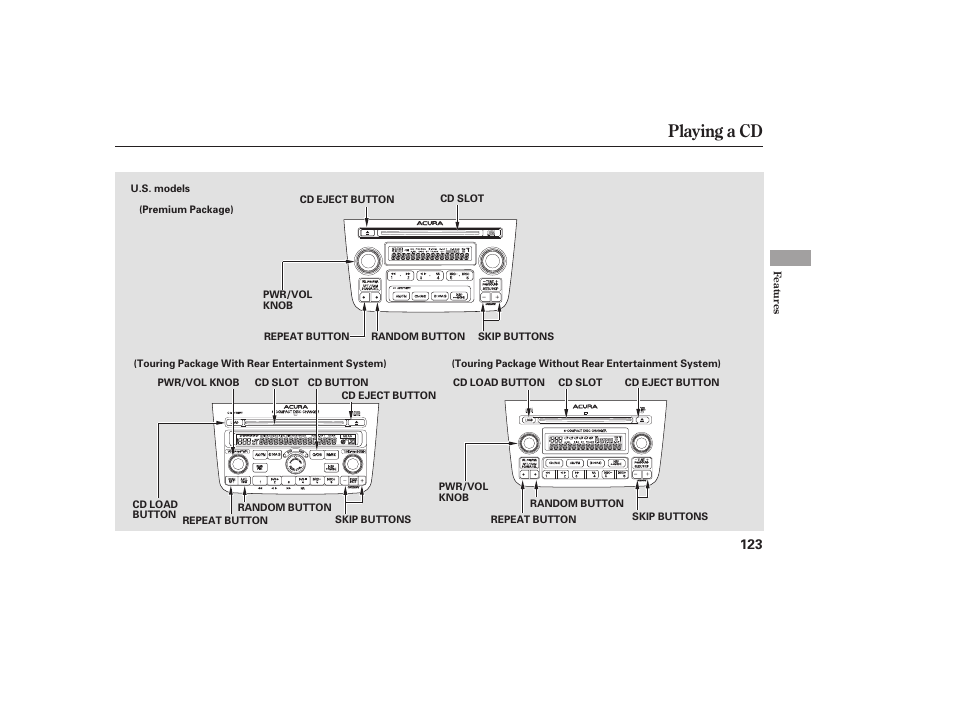 Playing a cd | Acura 2006 MDX - Owner's Manual User Manual | Page 124 / 311
