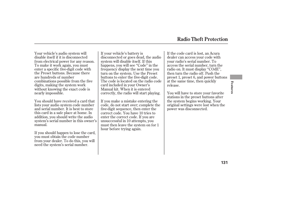 Radio theft protection | Acura 2006 MDX - Owner's Manual User Manual | Page 132 / 311