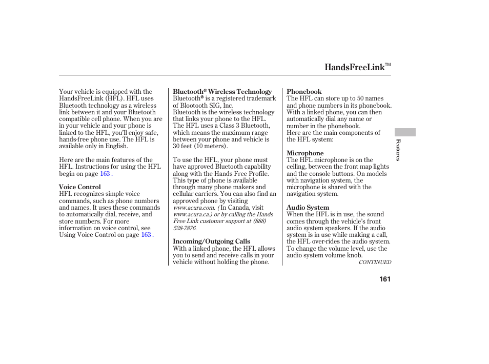 Handsfreelink | Acura 2006 MDX - Owner's Manual User Manual | Page 162 / 311