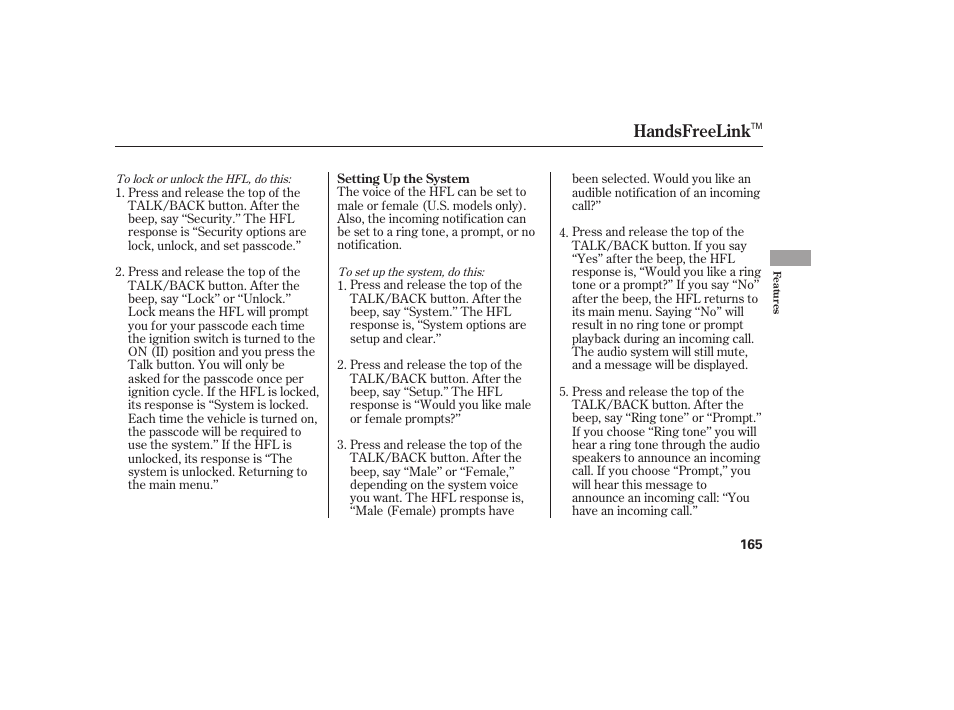 Handsfreelink | Acura 2006 MDX - Owner's Manual User Manual | Page 166 / 311