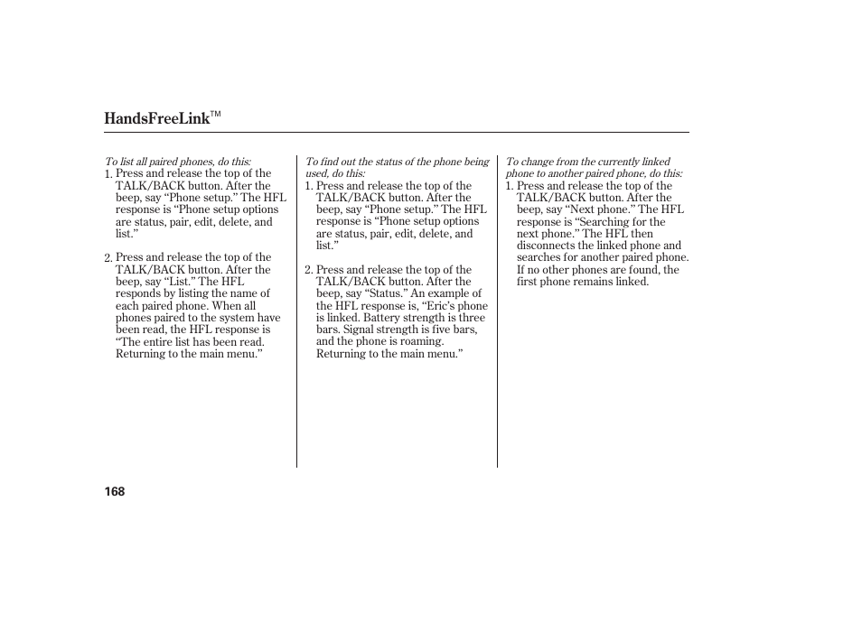 Handsfreelink | Acura 2006 MDX - Owner's Manual User Manual | Page 169 / 311