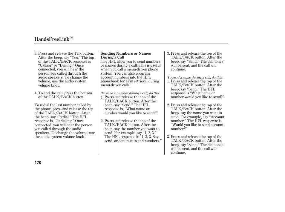 Handsfreelink | Acura 2006 MDX - Owner's Manual User Manual | Page 171 / 311