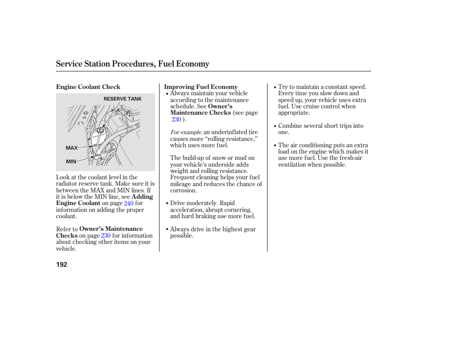 Service station procedures, fuel economy | Acura 2006 MDX - Owner's Manual User Manual | Page 193 / 311
