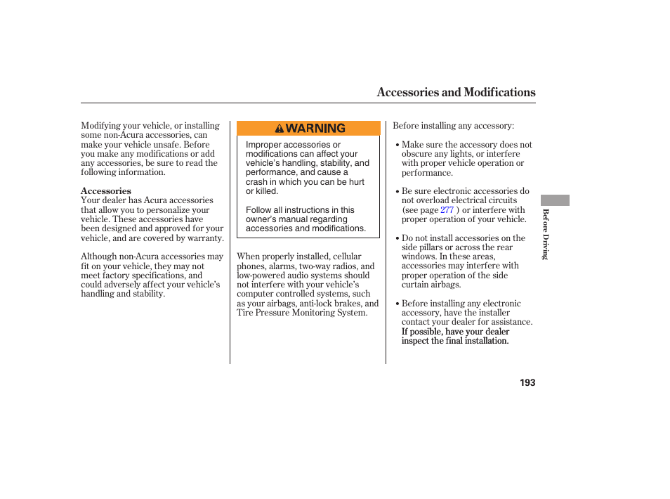 Accessories and modifications | Acura 2006 MDX - Owner's Manual User Manual | Page 194 / 311