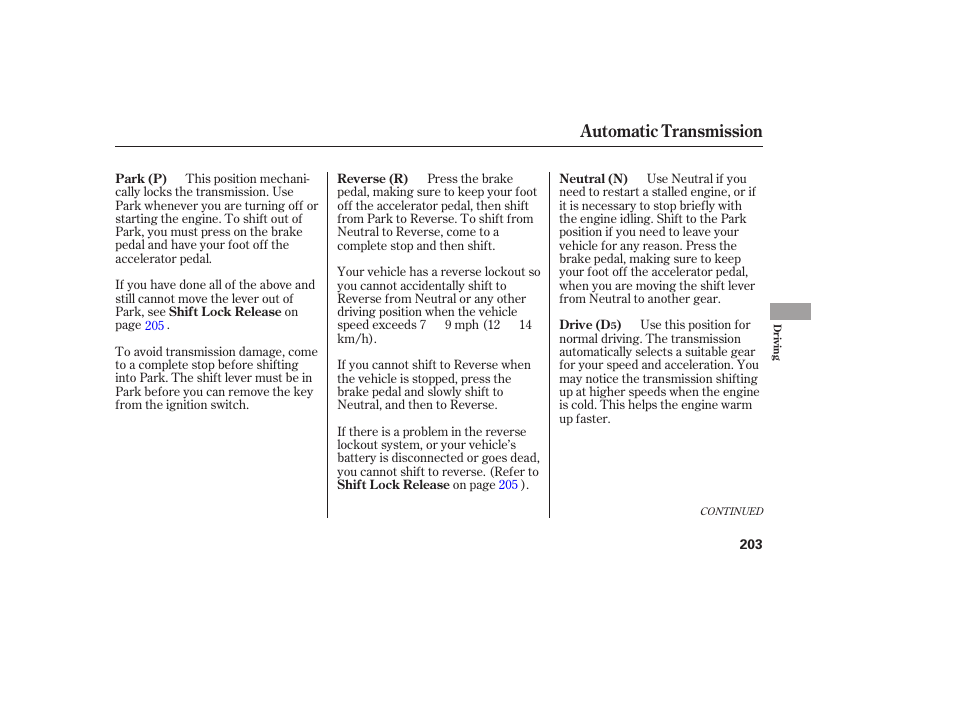 Automatic transmission | Acura 2006 MDX - Owner's Manual User Manual | Page 204 / 311