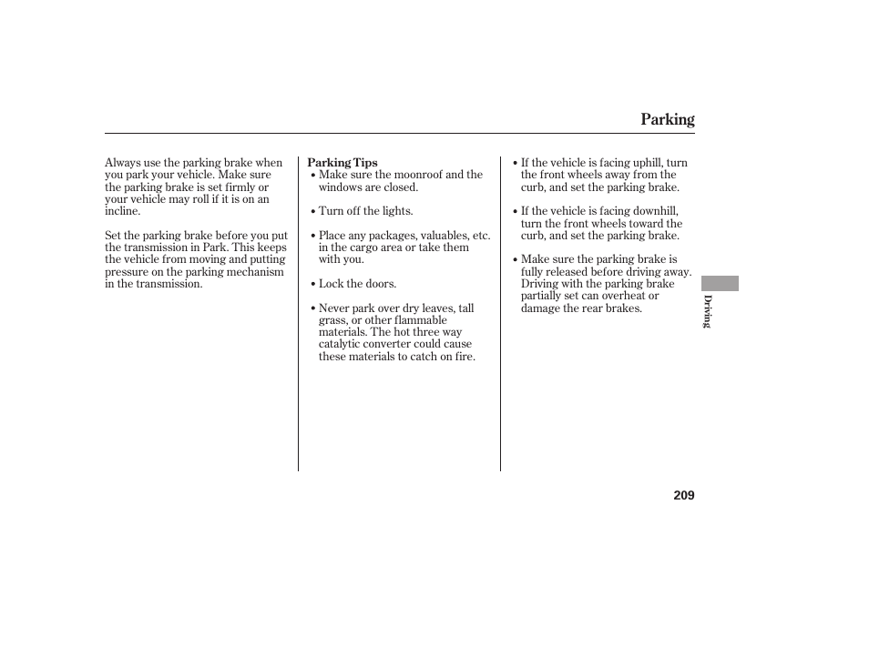 Parking | Acura 2006 MDX - Owner's Manual User Manual | Page 210 / 311