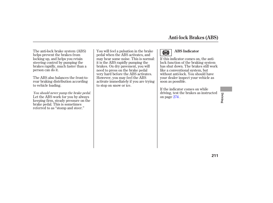 Anti-lock brakes (abs) | Acura 2006 MDX - Owner's Manual User Manual | Page 212 / 311