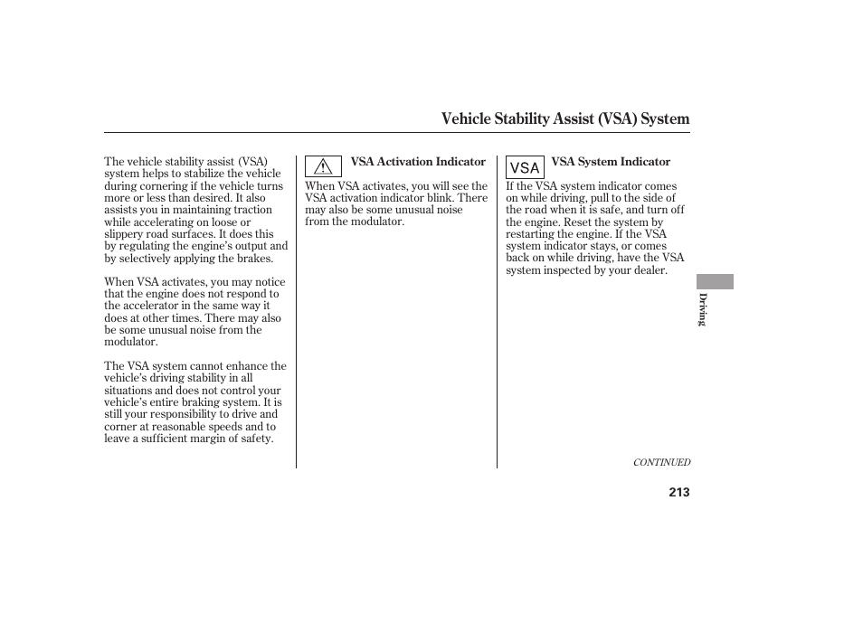 Vehicle stability assist (vsa) system | Acura 2006 MDX - Owner's Manual User Manual | Page 214 / 311