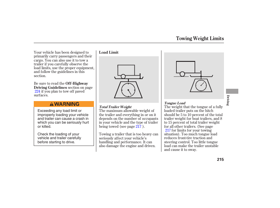 Towing weight limits | Acura 2006 MDX - Owner's Manual User Manual | Page 216 / 311