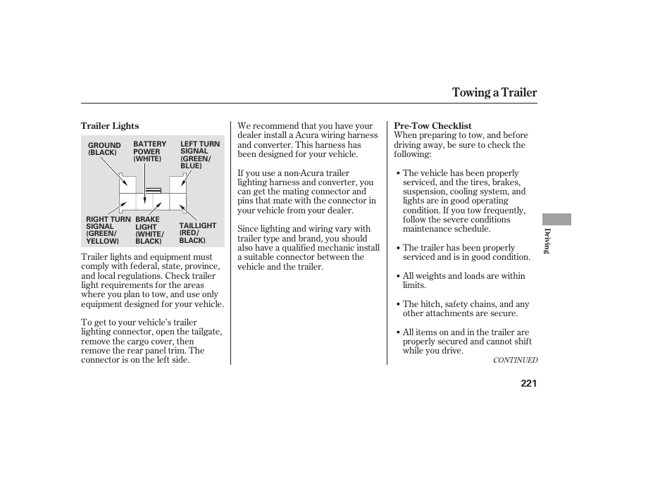 Towing a trailer | Acura 2006 MDX - Owner's Manual User Manual | Page 222 / 311