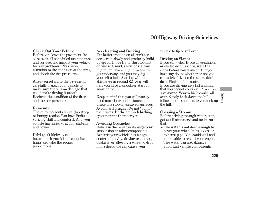 Off-highway driving guidelines | Acura 2006 MDX - Owner's Manual User Manual | Page 226 / 311