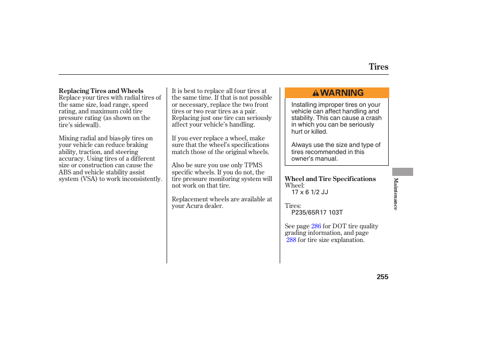 Tires | Acura 2006 MDX - Owner's Manual User Manual | Page 256 / 311