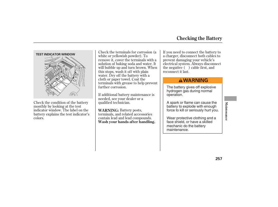 Checking the battery | Acura 2006 MDX - Owner's Manual User Manual | Page 258 / 311