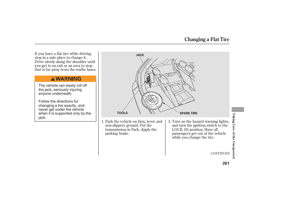 Changing a flat tire | Acura 2006 MDX - Owner's Manual User Manual | Page 262 / 311