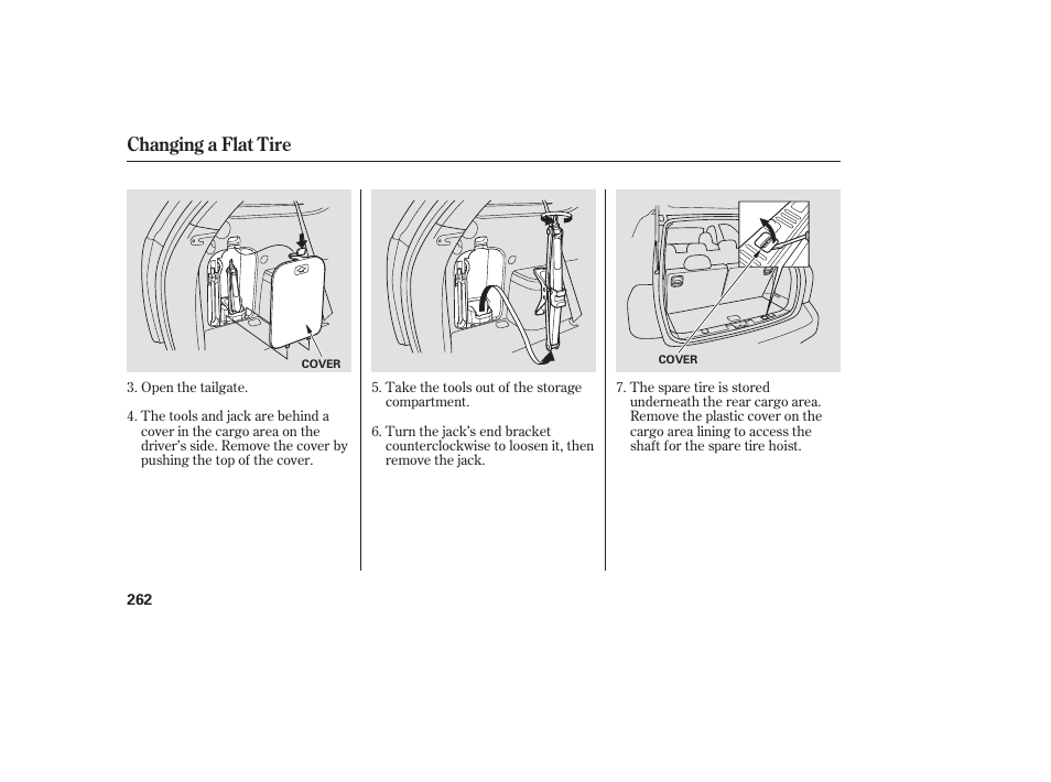 Changing a flat tire | Acura 2006 MDX - Owner's Manual User Manual | Page 263 / 311