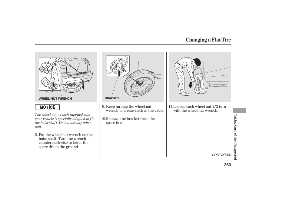 Changing a flat tire | Acura 2006 MDX - Owner's Manual User Manual | Page 264 / 311