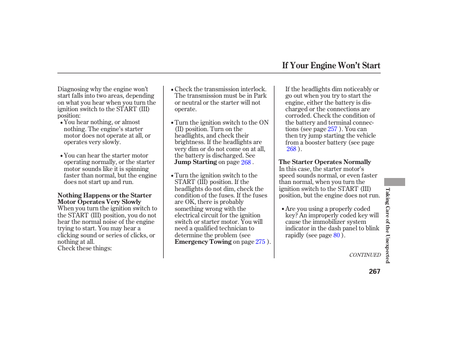 If your engine won’t start | Acura 2006 MDX - Owner's Manual User Manual | Page 268 / 311