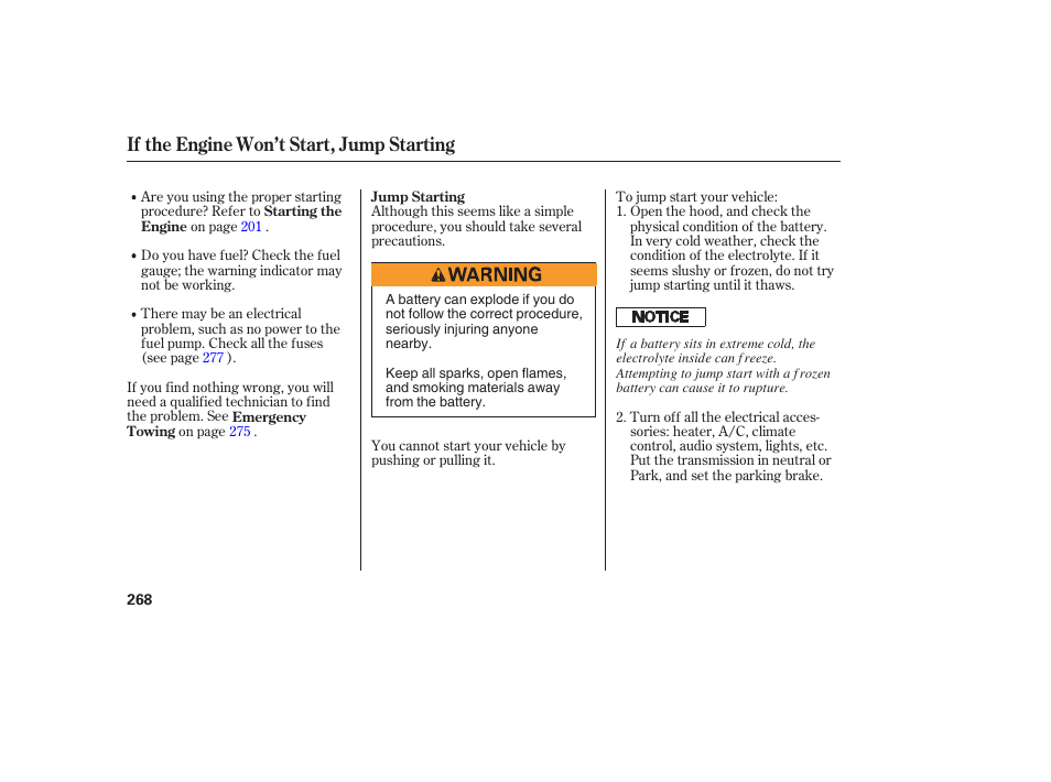 If the engine won’t start, jump starting | Acura 2006 MDX - Owner's Manual User Manual | Page 269 / 311